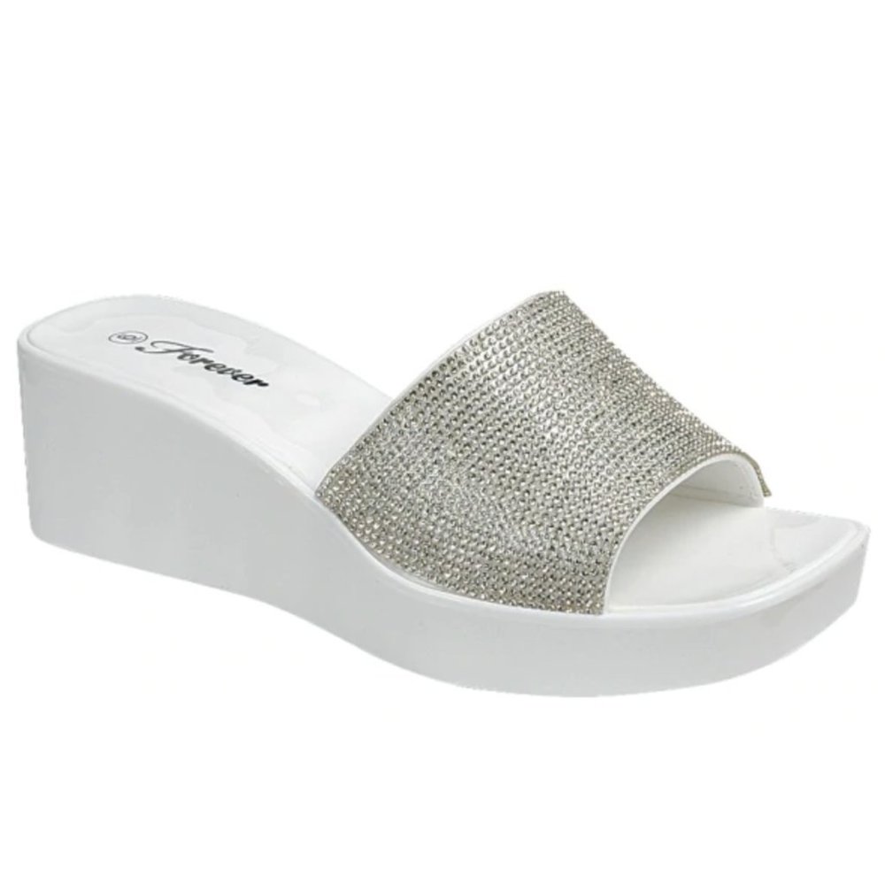 New White Rhinestone Jelly Wedge Open Toe Sandals